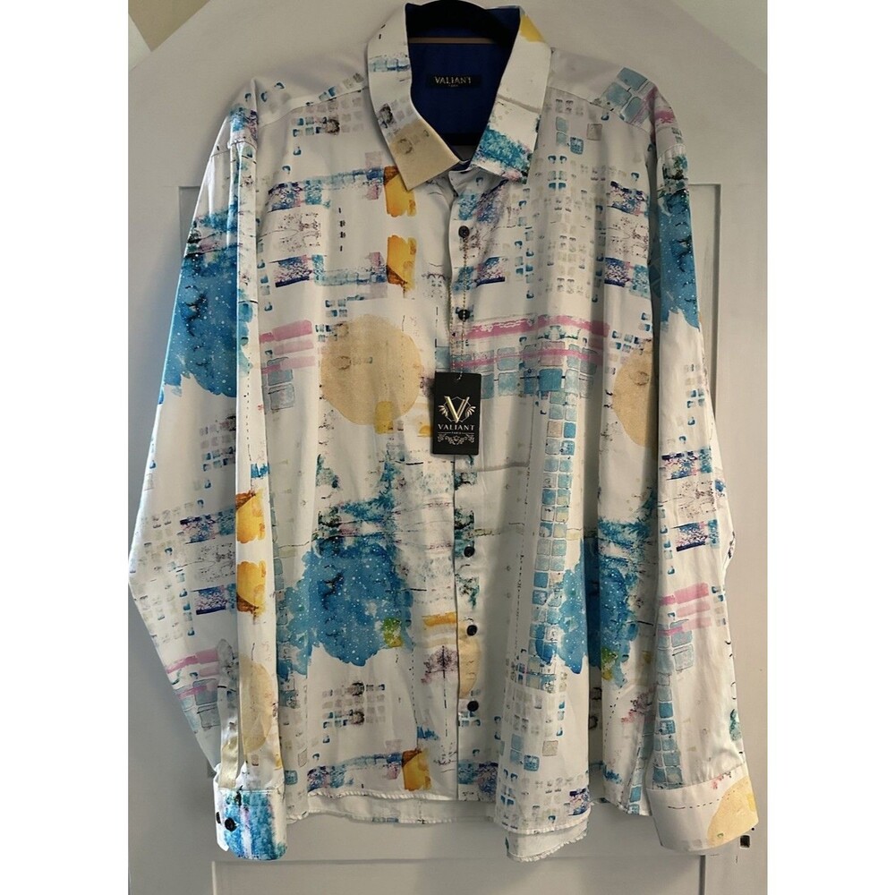 🖤Men’s Designer Valiant Paris 80’s Style Long Sleeve Button Down Shirt Sz 4XL